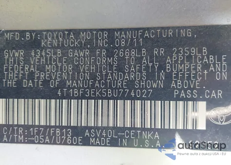 2011 Toyota Camry Le from USA, damaged, VIN 4T1BF3EK5BU774027